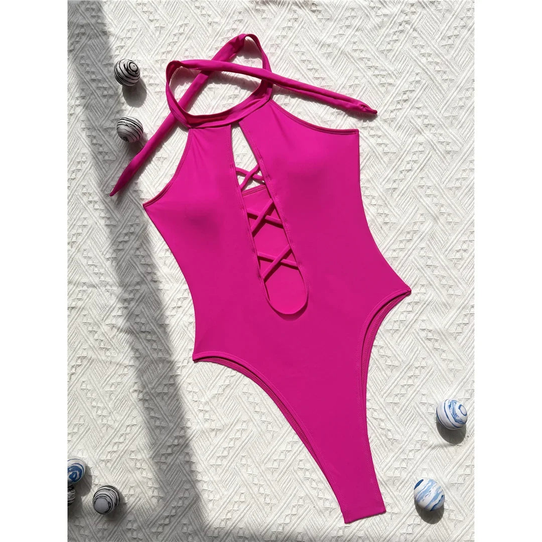 S - XL 7 Colors Lace Up High Neck Full Back Women Swimwear One Piece Swimsuit Female High Leg Cut Bather Bathing Suit Swim V6272