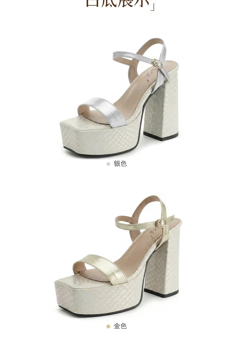 Silver Women Sandals Square Toe 12.5cm High Heel 4.5cm Platform Buckle Strap Large Size 43 44 45 46 Sexy Dating Shoes
