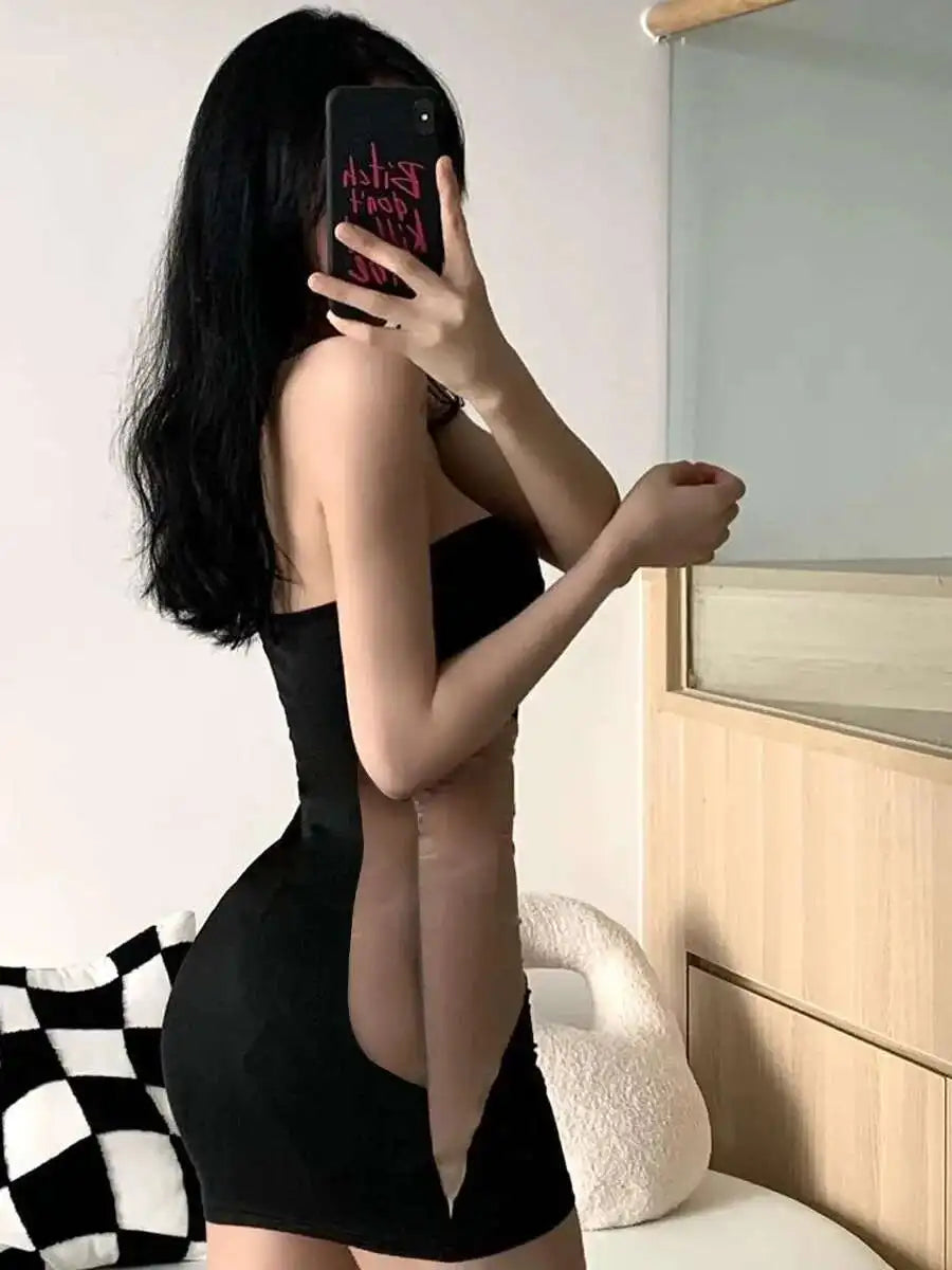 2025 Summer New Sexy Bag Hip Tank Mini Dress Fashion Slant Shoulder Pure Desire Mesh Temptation Dress Elegant 2025 New Tops VEP8