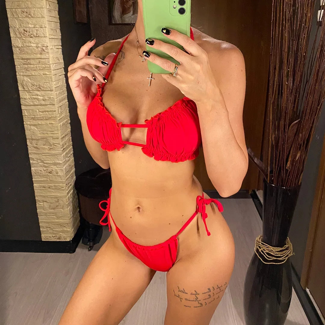 Sexy Ruffled Frilled Pleated Ruched Bikini Women Swimwear Female Swimsuit Two-pieces Bikini Set Bather Bathing Suit Swim V3239