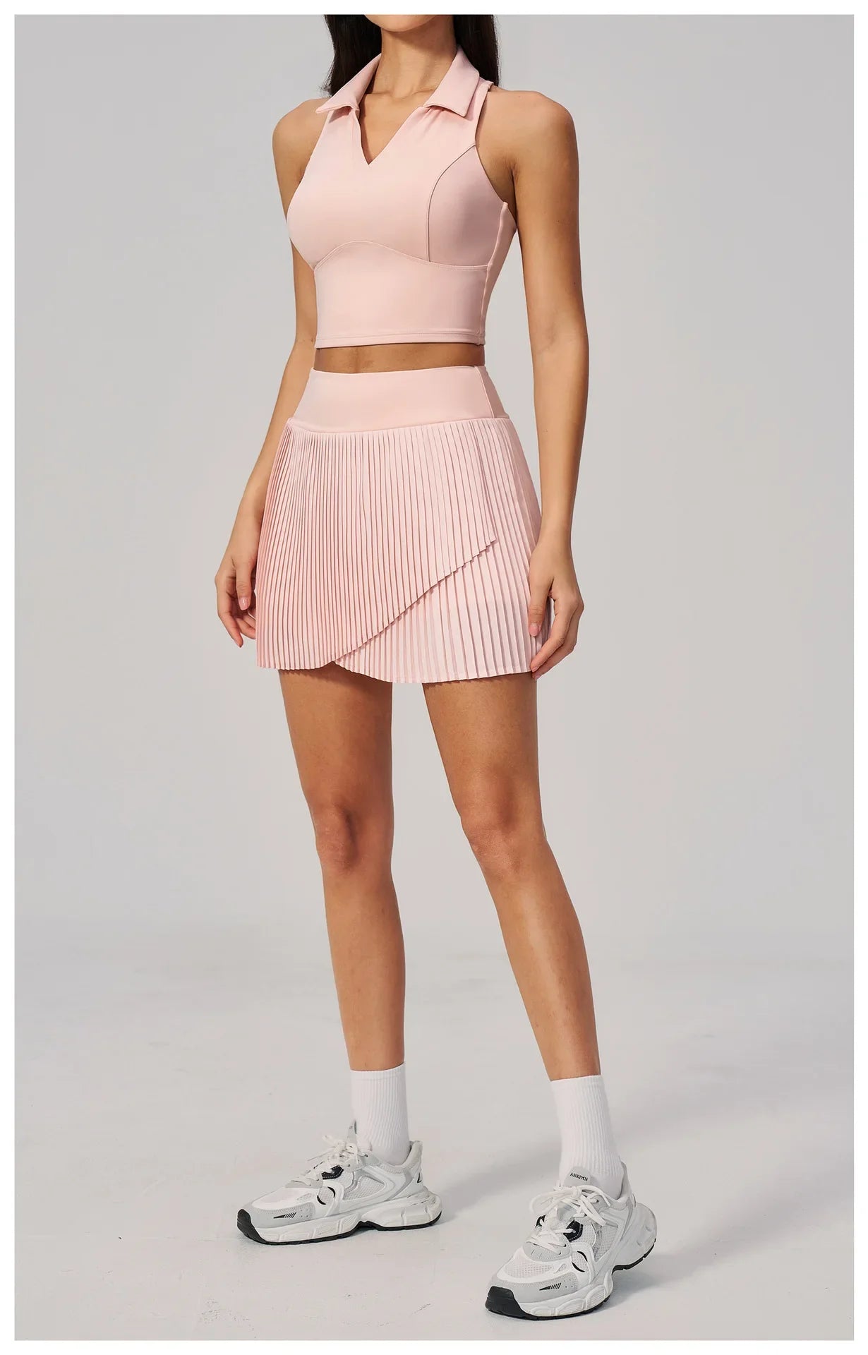 Women's Tracksuit Yoga Set 2 Pieces High Waist Pleate Pocket Skort Fitness Suit Turn Down Collar V Neck Slim Tank Top Sporstwear