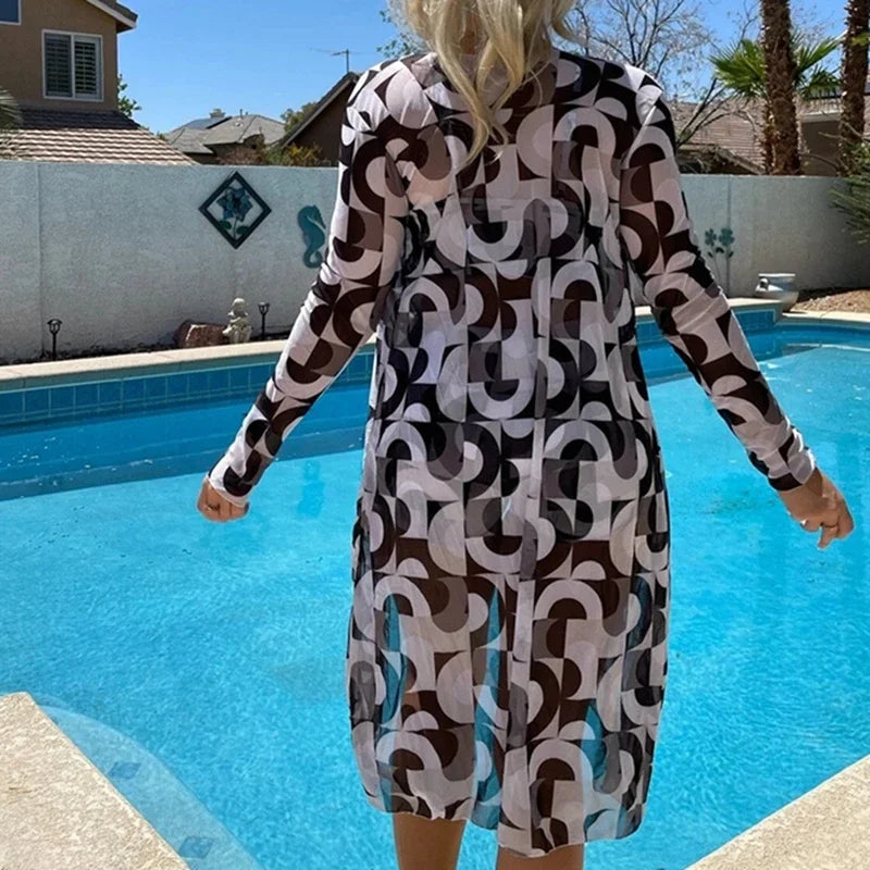 New Women's 3 Pieces Swimsuit Allover Print Tankini+Long Gauze Coat Cover-Up Swimwear High Waist Shorts Bathing Suit Beachwear