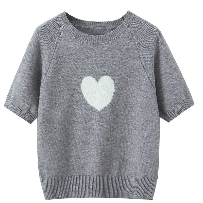 Fashion Casual Heart-patterned Short-sleeve Knit Shirt Women Heart Pattern Short Sleeve Knit Sweater Casual Crew Neck Top 7S5S