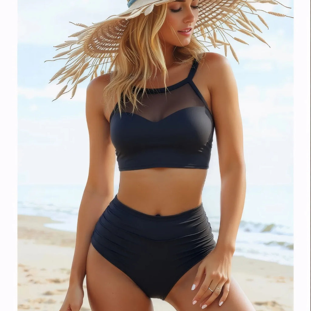 2026 Sexy Strappy Bikini High Waist Swimsuit Women Black Mesh Swimwear Female Bathers Bathing Swimming Suit Padded Beachwear
