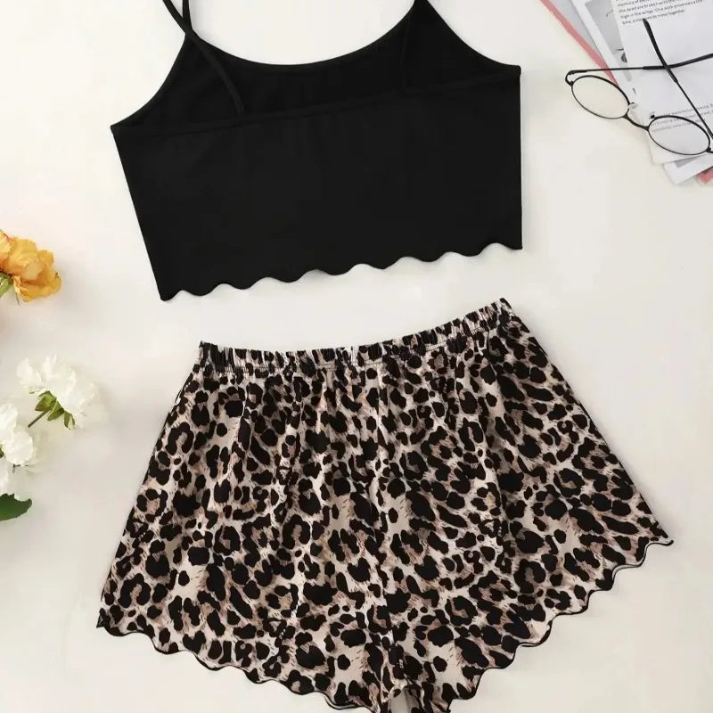 Women's Pajamas Set Sexy Lingerie Leopard Print Sling Sleepwear V-Neck Sleeveless Top and Shorts Sets Pyjamas Homewear