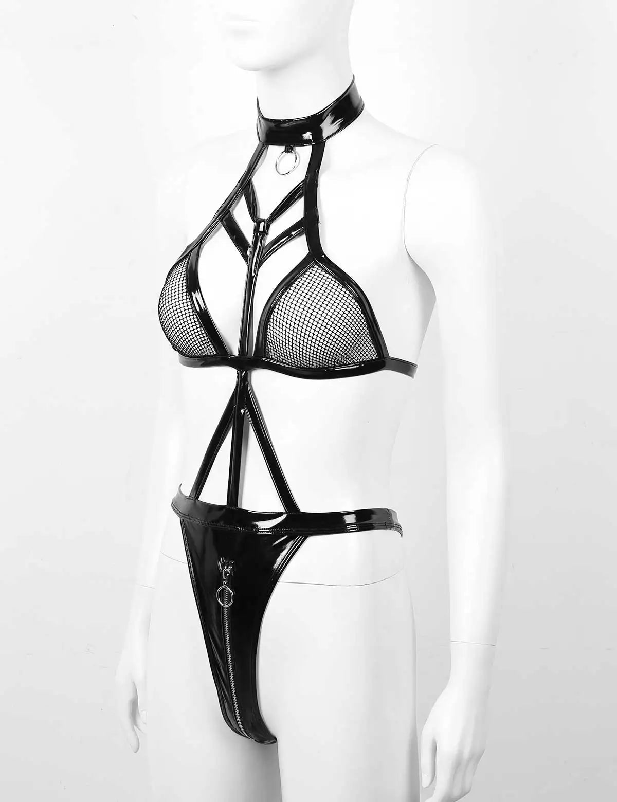 Porn PU Leather Erotic Open Crotch Bodysuit Zipper Open Crotch Bandage Breast Latex Women Sexy Lingerie