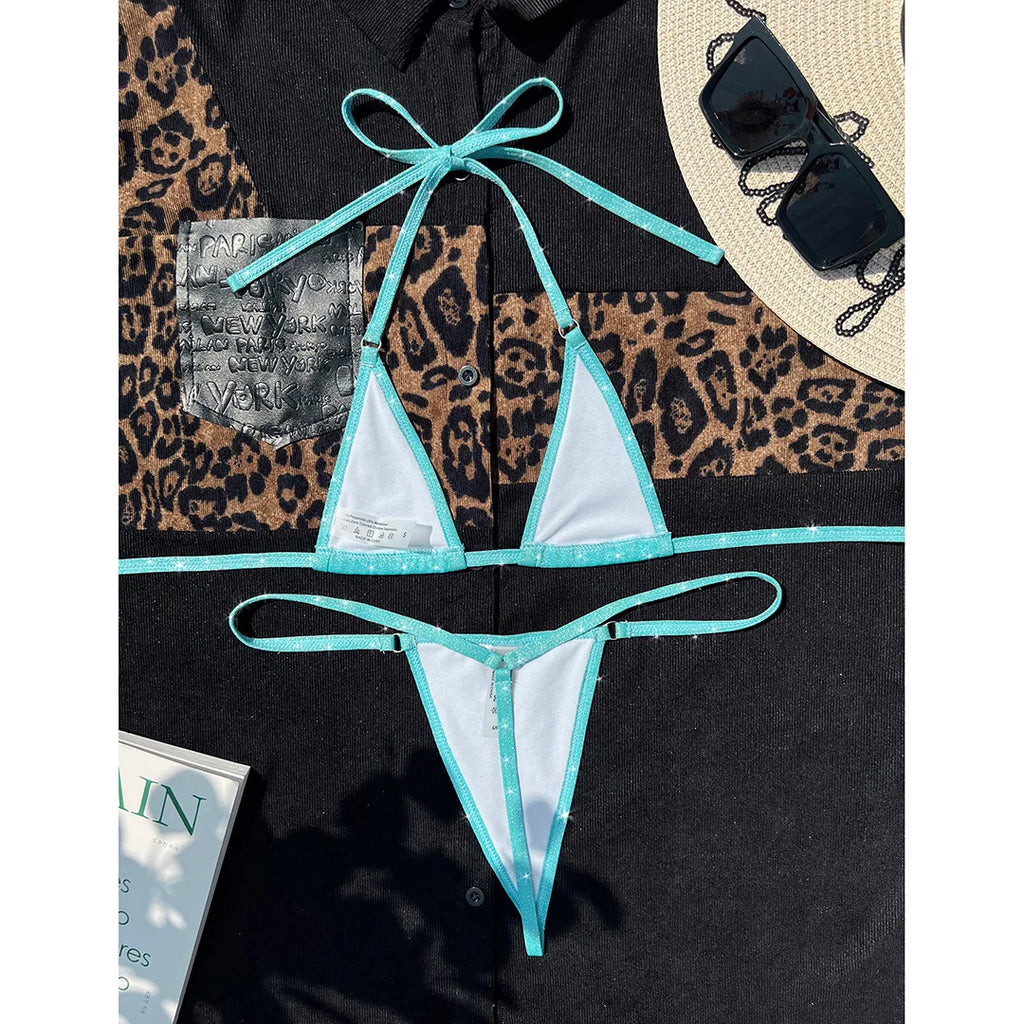 Sexy Glitter Extreme Mini Micro Thong Bikini Women Swimwear Two-Pieces Bikini Set Female Swimsuit Bather Bathing Suit Swim V4334