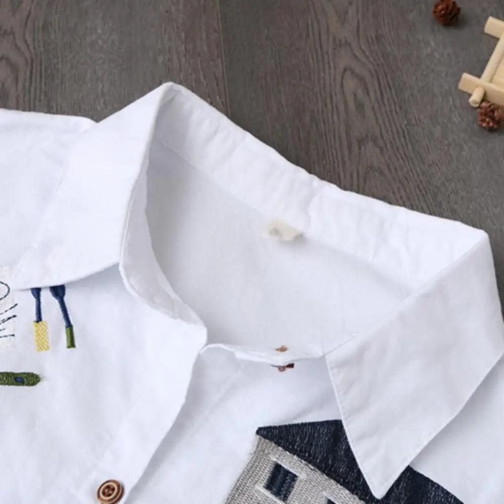 Women Mid Length Shirt Cartoon Embroidery Loose Irregular Hem Turn-down Collar Single-breasted Sun Protection Long Sleeves Top