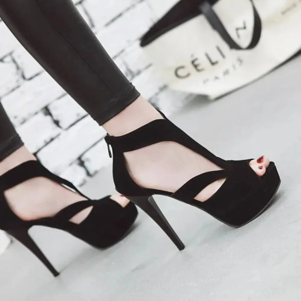 Summer New Pattern Europe and America Fashion Black Sexy Fine Heel Waterproof Fish Mouth High-heeled Women Sandals Size 34-43