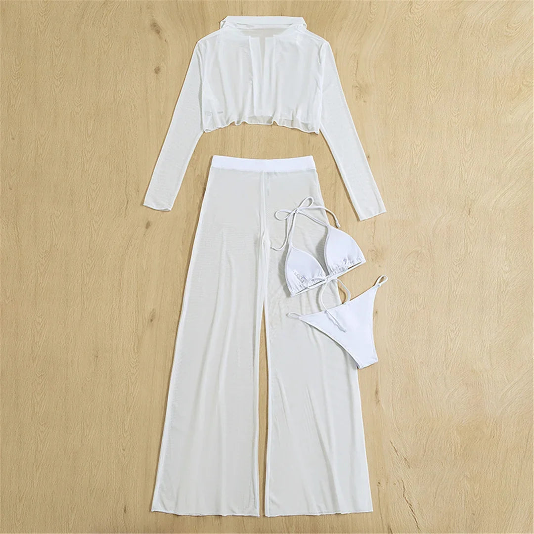 Long Sleeve Pants Halter High Cut Bikini Female Swimsuit Women Swimwear Four-pieces Bikini set Bather Bathing Suit Swim V4860