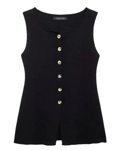 Women's Sleeveless Knit Top With Metal Buttons White Sleeveless Button Down Vest And Maxi Skirt Two Piece Set For Women S7XY