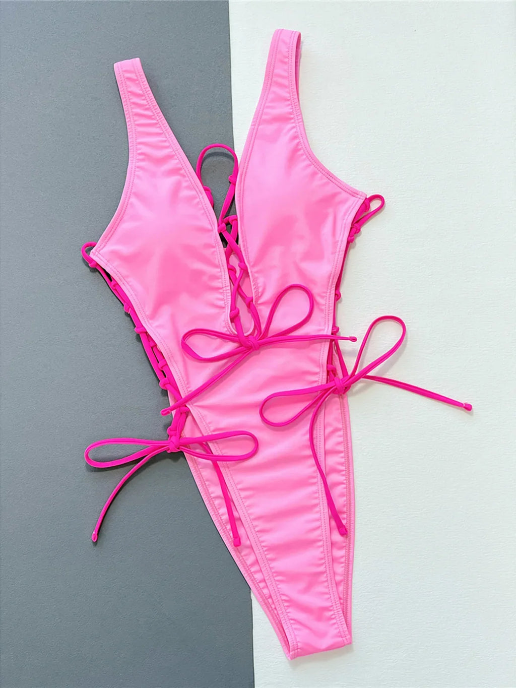 Deep V Neck Lace Up High Leg Cut Women Swimwear One Piece Swimsuit Female Wrap Around Monokini Bather Bathing Suit Swim K4719