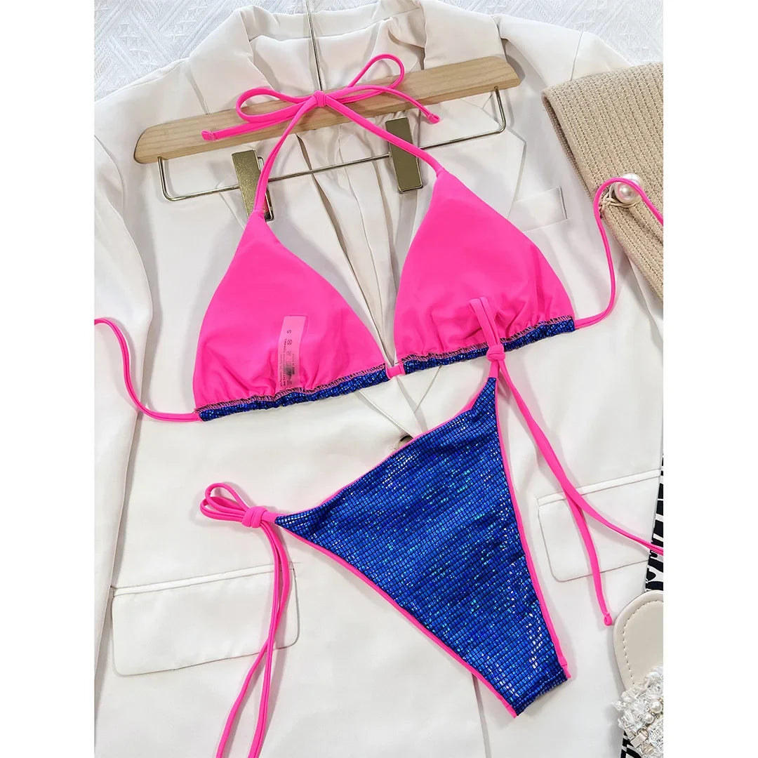 Sexy Leopard Printed Halter Brazilian Bikini Women Swimwear Female Swimsuit Two-Piece Bikini Set Bather Bathing Suit Swim V3681