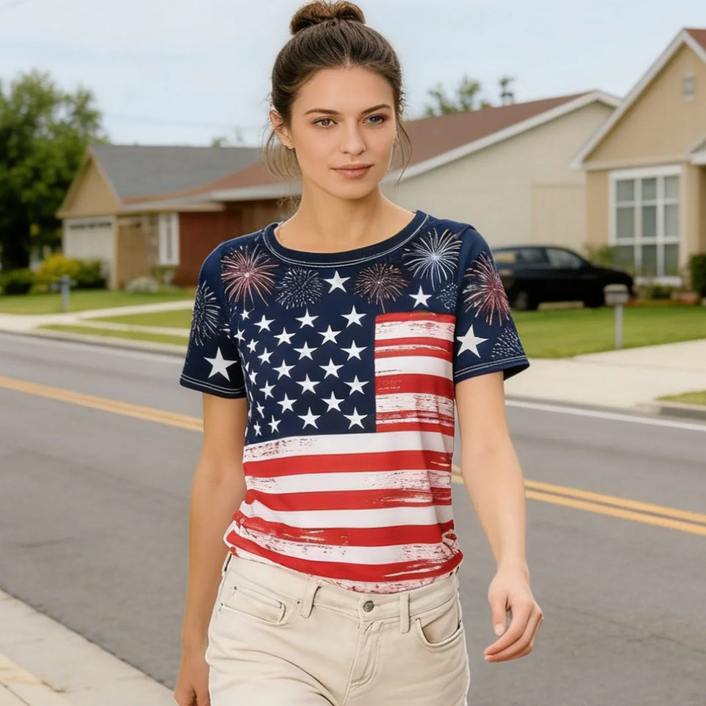 Women's 4th of July American Flag T Shirt Stylish Star Print Short Sleeve Round Neck Tops for Daily Wear