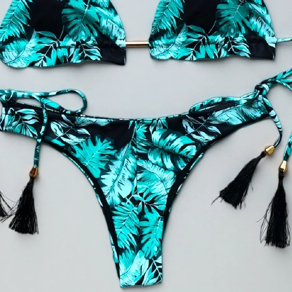 Sexy Triangle Chains Bikini Sets Micro Thongs Swimsuit Women Bathing Suit Biquini Bandage Beachwear Print Swimwear Thong Bikini