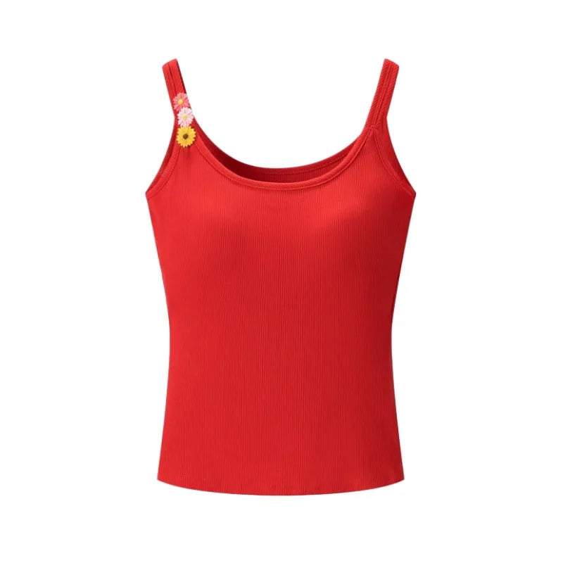 Fashion Solid Color Thin Strap Floral Chest Pad Women White Ribbed Top With Sleeveless Slim Fit Casual Summer Top Charming 3N4J