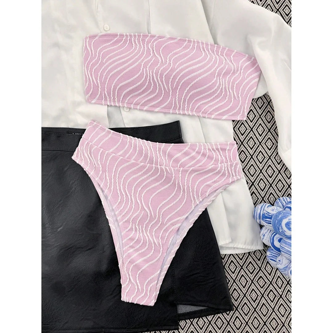 Sexy Wave Striped Bandeau High Waist Bikini Female Swimsuit Women Swimwear Two-Pieces Bikini Set Bather Bathing Suit Swim V5445