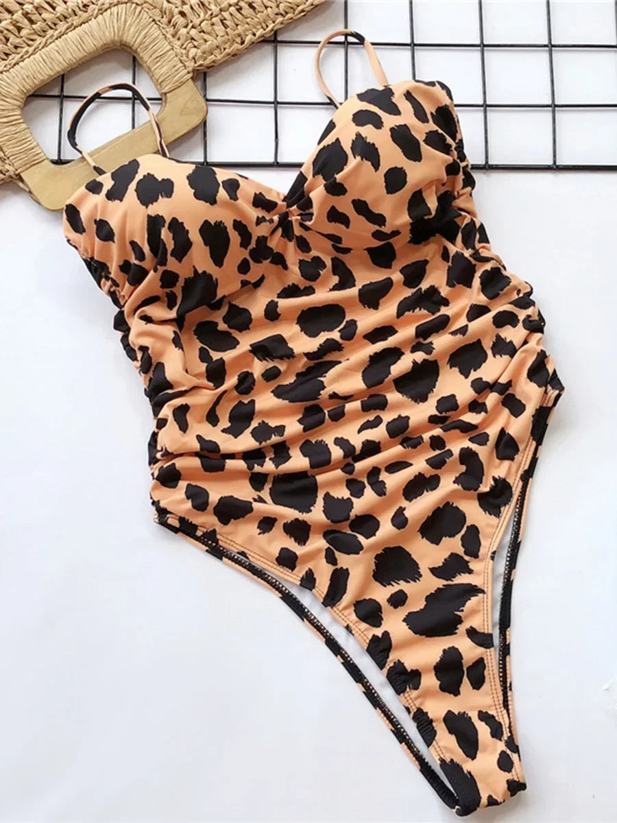 Push Up Bra Cup Leopard Scrunched Women Bandeau Swimwear One Piece Swimsuit Female Monokini High Cut Bathing Suit Swim Bodysuit