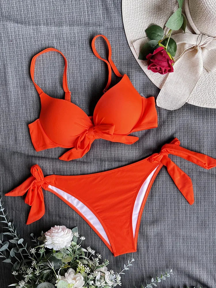 Sexy Knotted Underwired Bra Cup Bikini Women Swimsuit Female Swimwear Two-pieces Bikini Set Push Up Bikinis Bathing Suit Swim