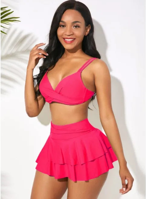 2026 Sexy Ruffled Swimsuit Women Push Up Cross Bikini Women Maple Print Gradient Beach Skirt Bathing Suit Skirt Swimwear Tankini