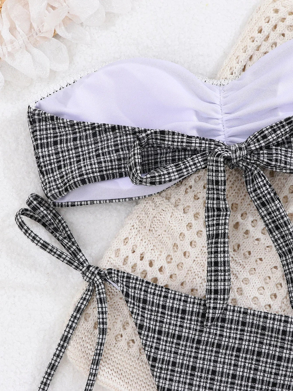 Sexy Bandeau Micro Bikini 2026 Women Bow Black Plaid Print Pleat Push Up Bra Bandage Thong Swimsuit Summer Bathing Suit Swimwear