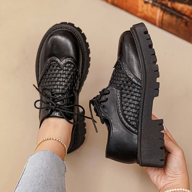 Pu Leather Platform Oxford Shoes Women 2026 Plus Size 42 Lace-Up Single Shoes Woman Comfort Non Slip Thick Sole Student Shoes