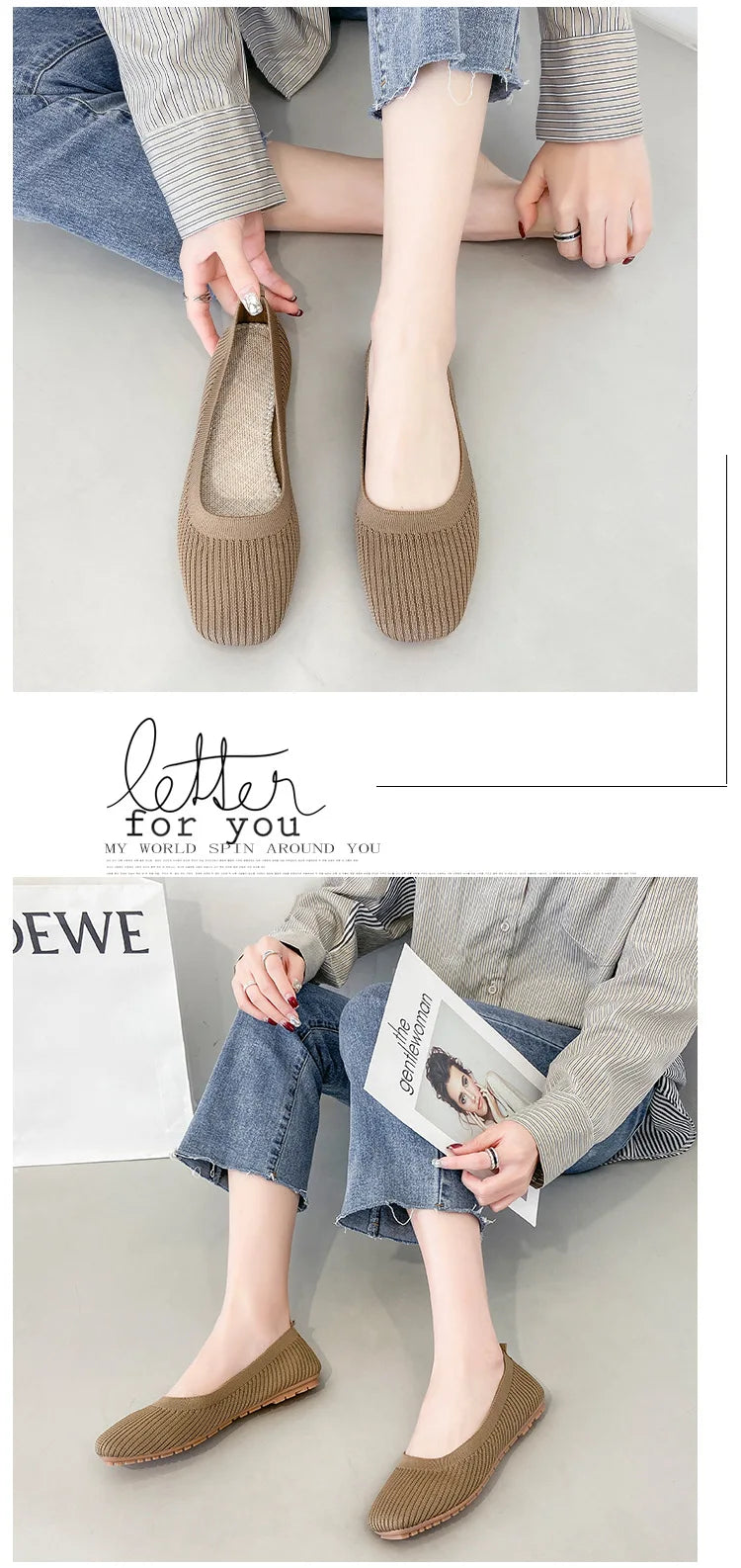 Women Leisure Flats Summer Autumn Flat Shoes Breathable Knitted Square Toe Slip-on Female Daily Walking Driving Loafers