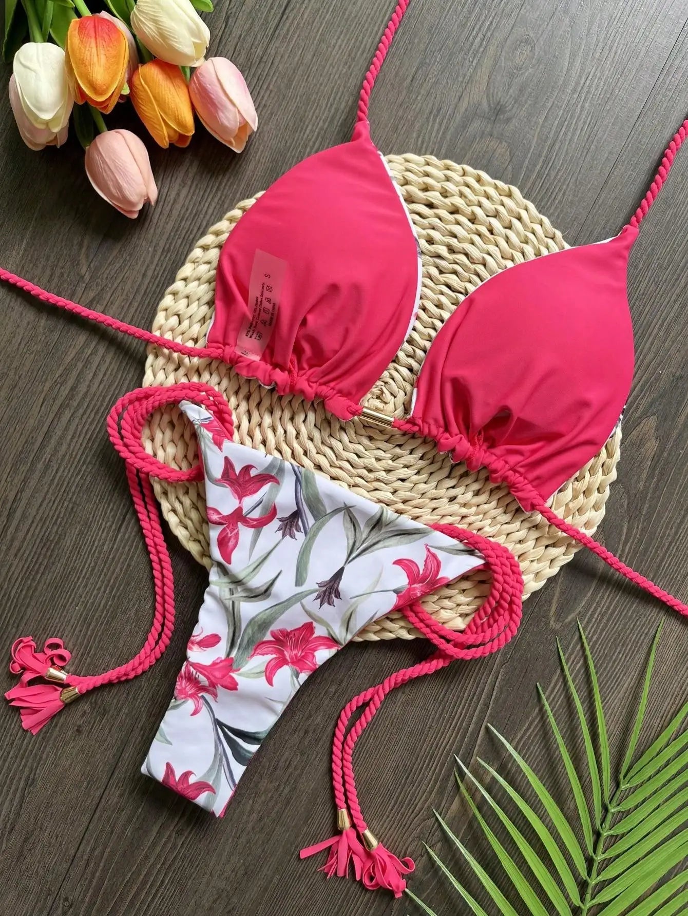 2026 Sexy Leopard Print Swimwear Women'S Split Bikini Set Woven Rope Strap Fringe Beach Women'S Two-Piece Swimsuit Bathing Suit