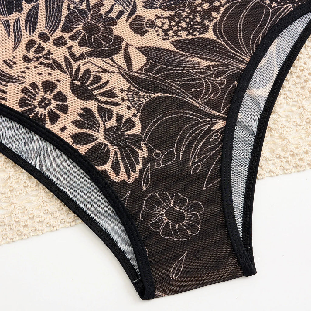 Vintage Black Floral Print One Piece Swimsuit Women Summer Long Sleeve Slim Fit Swimwear Skirt Set 2025 Holiday Bathing Suits