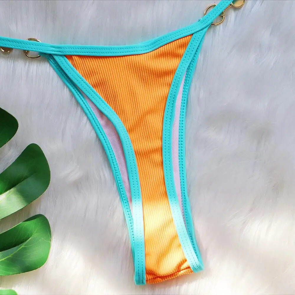 Sexy Halter Pearl Extreme Mini Micro Bikini Female Swimsuit Women Swimwear Two-pieces Bikini set Ribbed Bather Bathing Suit Swim