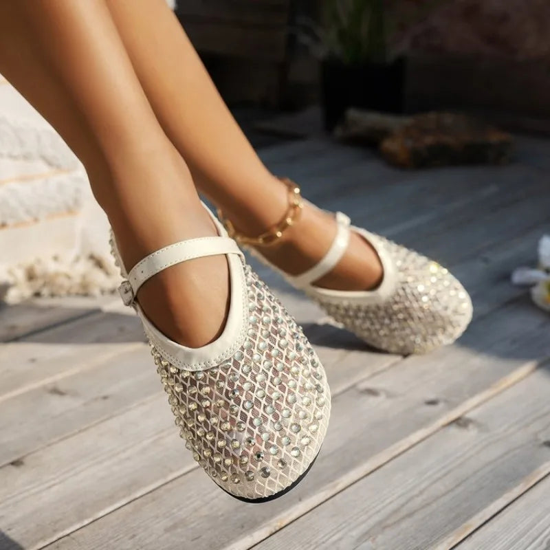 Mesh Breathable Rhinestone Fashion Versatile Women's New Foreign Style Niche Belt Flat Soft Soled Mary Jane Shoes Womens Shoes