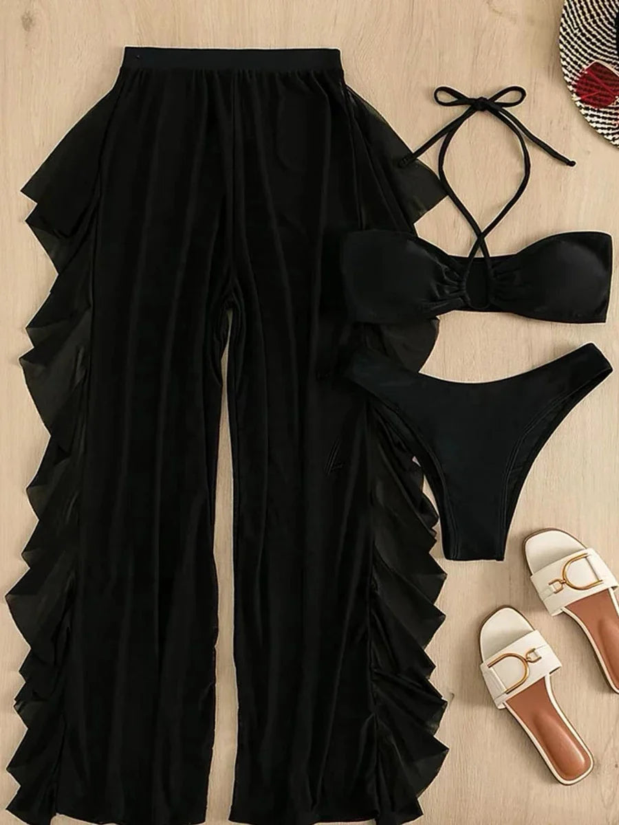 3 Piece Halter Cross Bikini Swimsuit & Sexy Thin Pants Swimwear Women 2026 Solid Bathing Swimming Swim Suit Female Beachwear