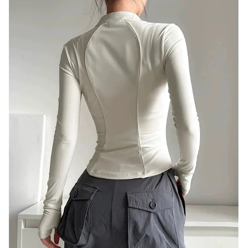 Women's Slim Fit Long Sleeved Yoga Exercise Top Elastic Half Zipper Fitness Suit for Active Wear