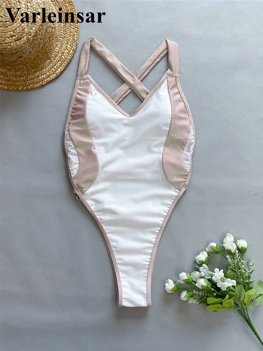 Sexy Splicing V Neck Cross Back Women Swimwear One Piece Swimsuit Female High Leg Cut Monokini Bather Bathing Suit Swim V5261