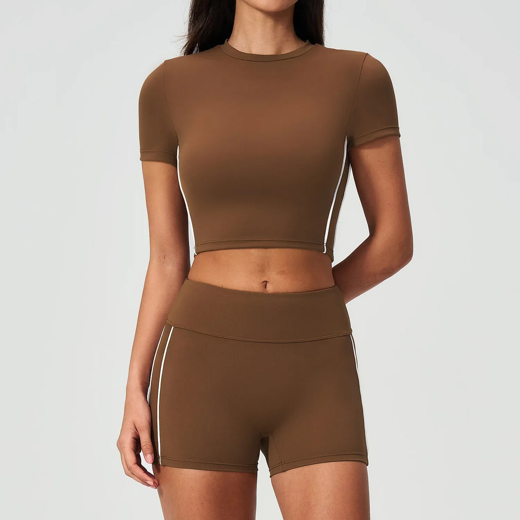 Color Contrast Yoga Suit Women Short Sleeve O Neck Sports T Shirts Tracksuit Outwear High Waist Shorts Gym Running Fitness Suits