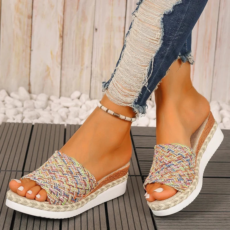Fashion Mix Color Woven Sandals Women 2025 Summer Wedge Heel Bohemian Sandals Woman Lightweight Platform Sandles Plus Size 36-43