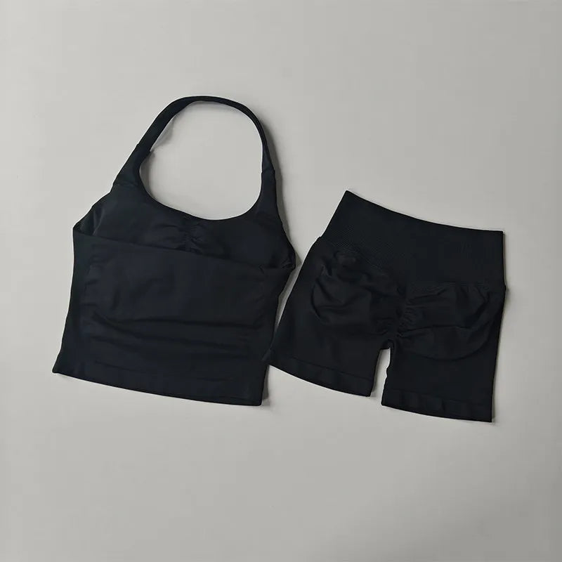 2PCS Seamless Halter Neck Yoga Set Push up Sports Bra And High Waist Butt Lift Fitness Shorts Tummy Control Fitness Wear