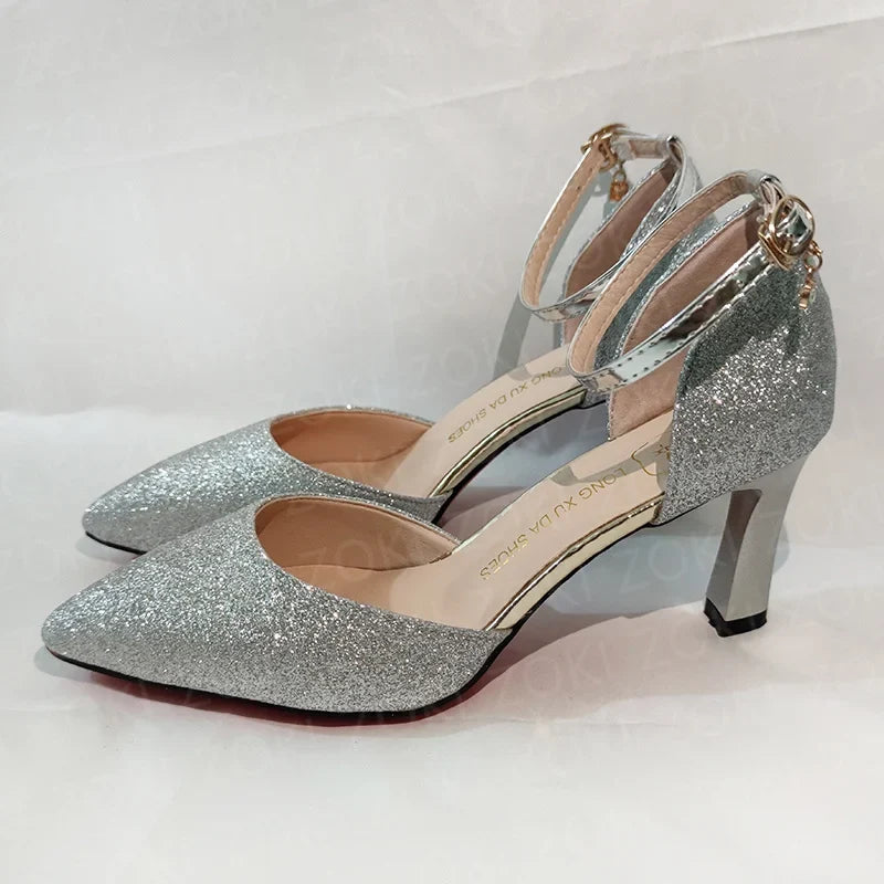 ZOKI Bling Gold Silver Women's Pumps 2024 Sexy Point Toe Thin Heel Party Wedding Shoes Woman Summer Ankle Strap High Heels Shoes