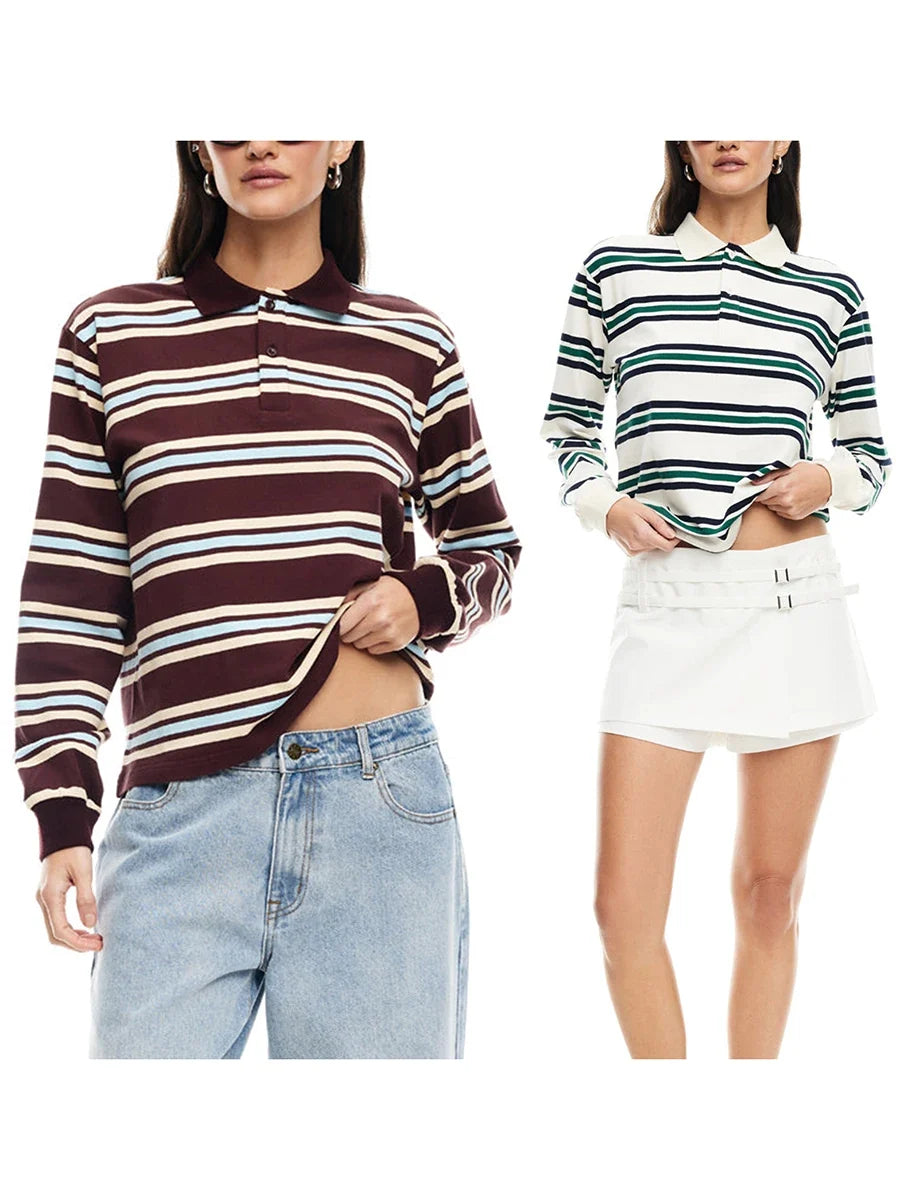 Women's Fall Striped Print T-Shirt Contrast Color Long Sleeve Lapel Neck Button-up Casual Pullover Tops