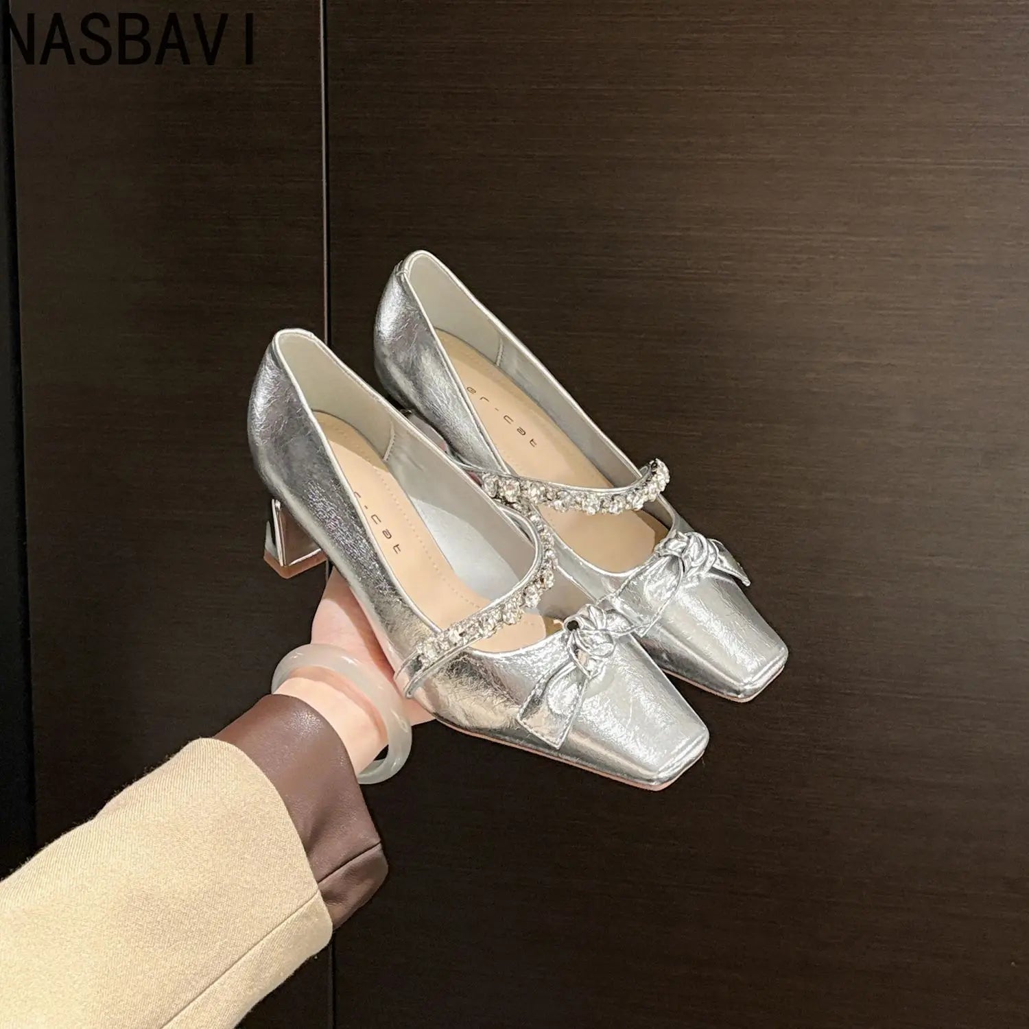 Women's High Heels Mary Janes Square Head Embellished with Water Diamonds Low Cut Knots Thick Heels Fashionable Party Shoes