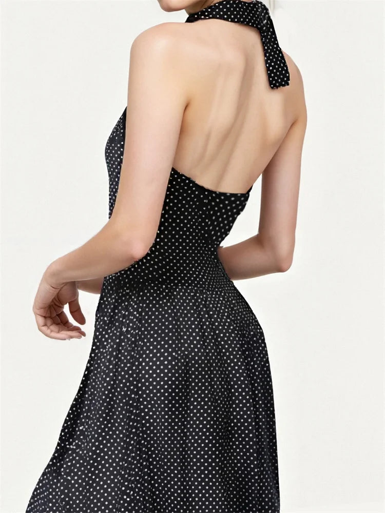 Women Sleeveless Long Dress Halterneck Backless Dots/Floral Slit Dress for Cocktail Party