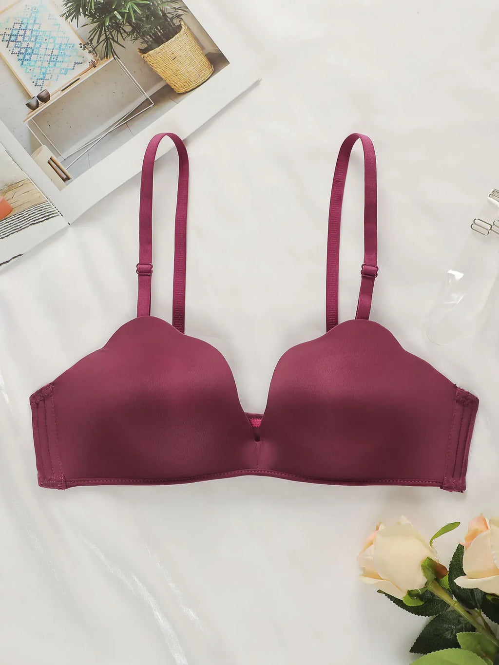 Women's sexy shell shaped bra with seamless gathering push ups and transparent shoulder straps for daily comfort underwear B2077