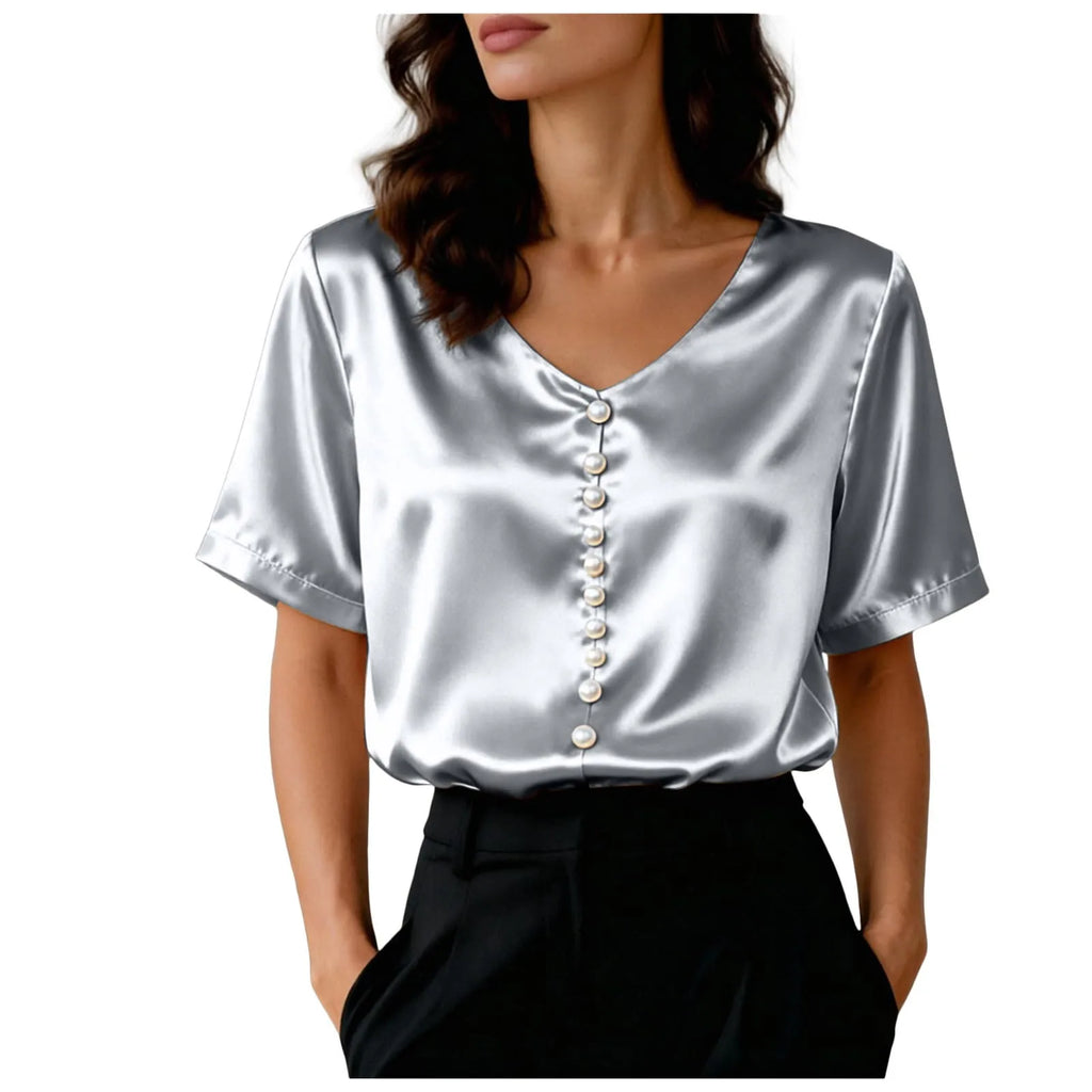 Women's Satin Short Sleeve T Shirt With Pearl Buttons Solid Color V Neck Loose Fit Elegant Office Lady Tees Summer Commuter Top