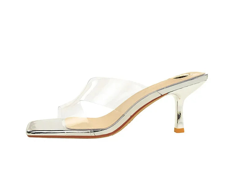 BIGTREE Sexy Silver PVC Transparent Crystal Womens Slippers 2026 Summer Square Toe Thin High Heels Sandals Ladies Shoes