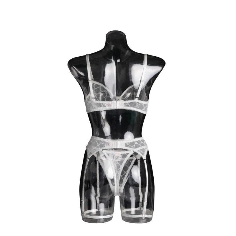 Toucheart Sexy Lingerie Set for Women Solid Color Mesh See-through Plunge Women's Sexy Garters Interesting Underwear 3-piece Set
