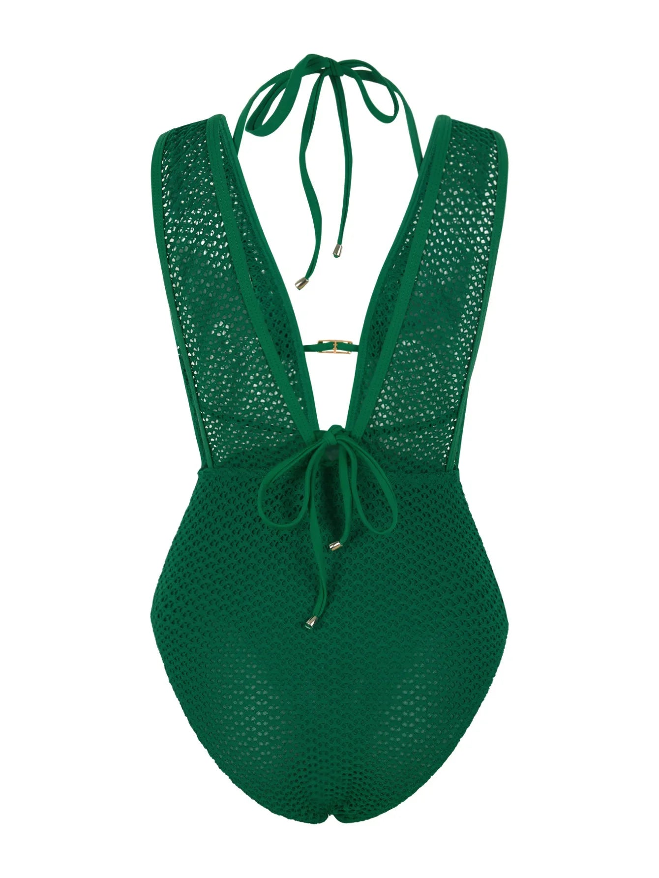 S - XL Deep V Neck Knit Fishnet Mesh One Piece Swimsuit Women Swimwear Female Backless Monokini High Leg Cut Bathing Suit Swim