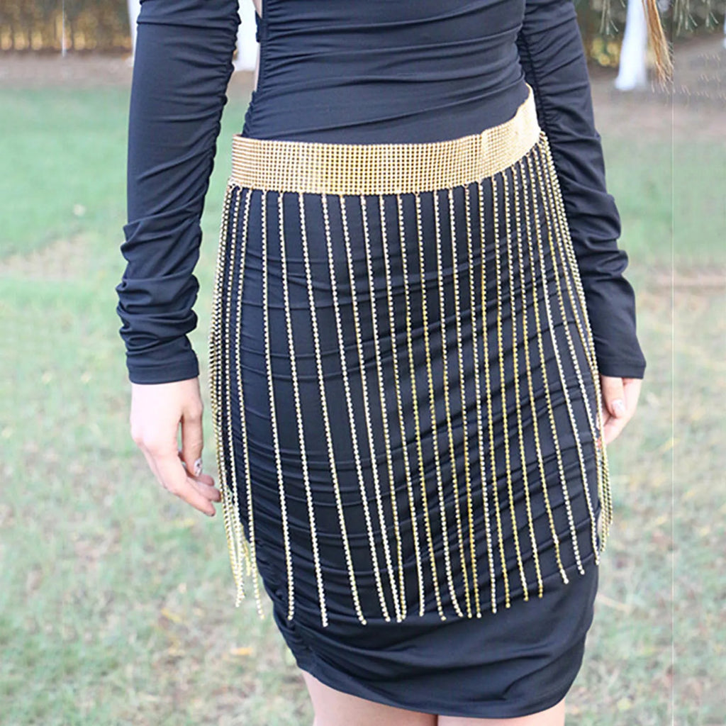 Fringe Bright Rhinestone Chain Skirt Women's High Waist Tassel Waist Chain Belt Stage Performance Carnival Party Night Clubwear