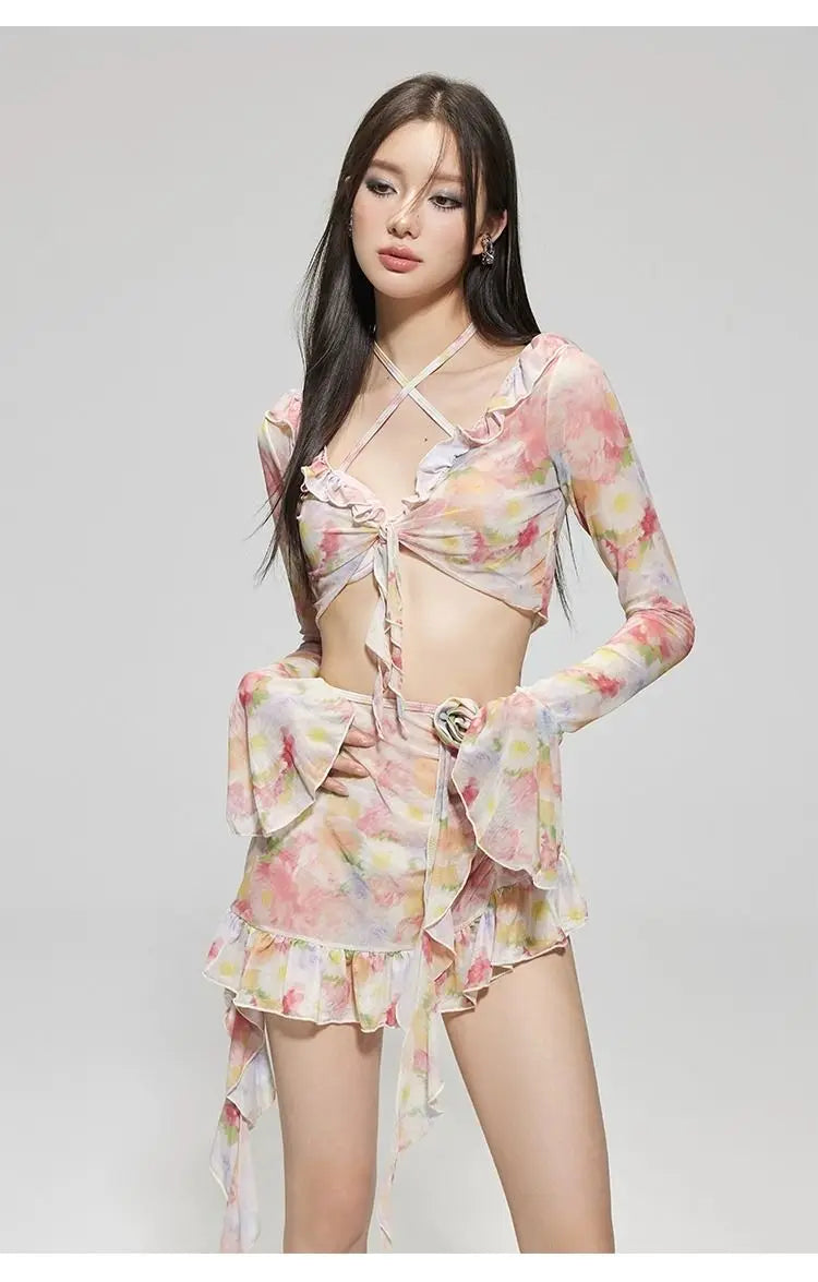 Bikinis Set Swimsuit Women Sweet Floral Prints Summer Girlish Sexy Ruffles Korean Style High Waist Swimwear Fashion Beach Wear