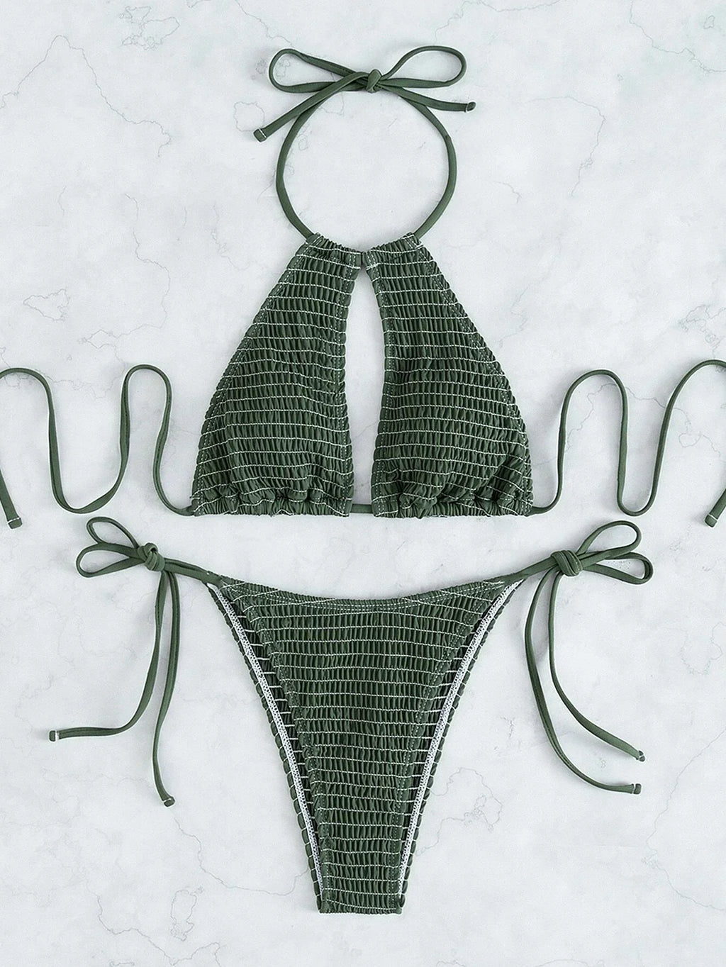 2025 Halter Tie Side Hollow Out Smocked Bikini Women Swimsuit Female Swimwear Two Pieces Bikini Set Swim Bathing Suit Beach Wear