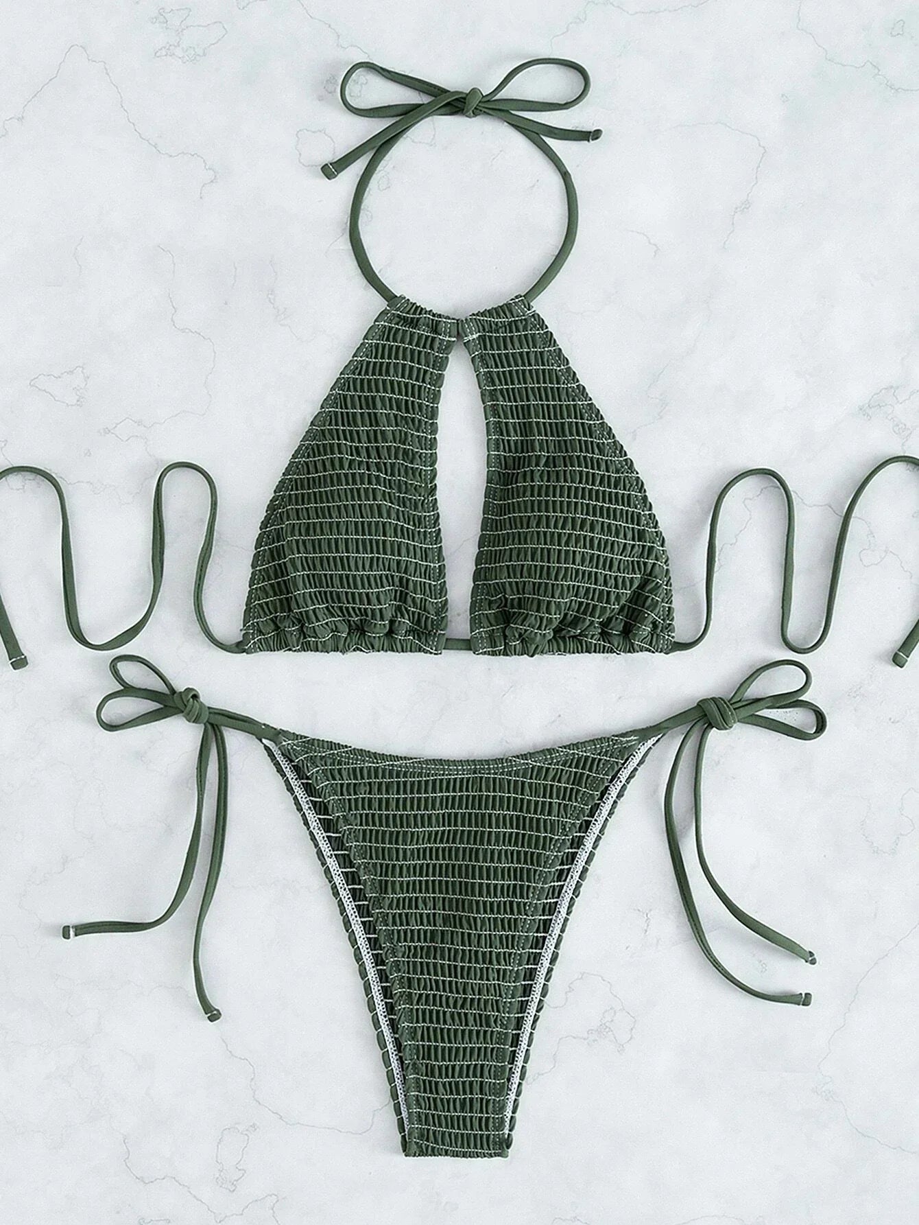 2025 Halter Tie Side Hollow Out Smocked Bikini Women Swimsuit Female Swimwear Two Pieces Bikini Set Swim Bathing Suit Beach Wear